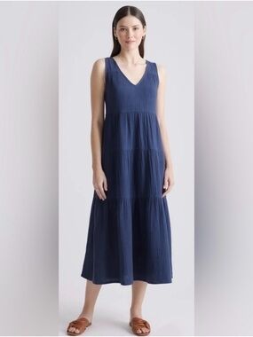 Quince 100% Organic Cotton Gauze Indigo Tiered Maxi Dress